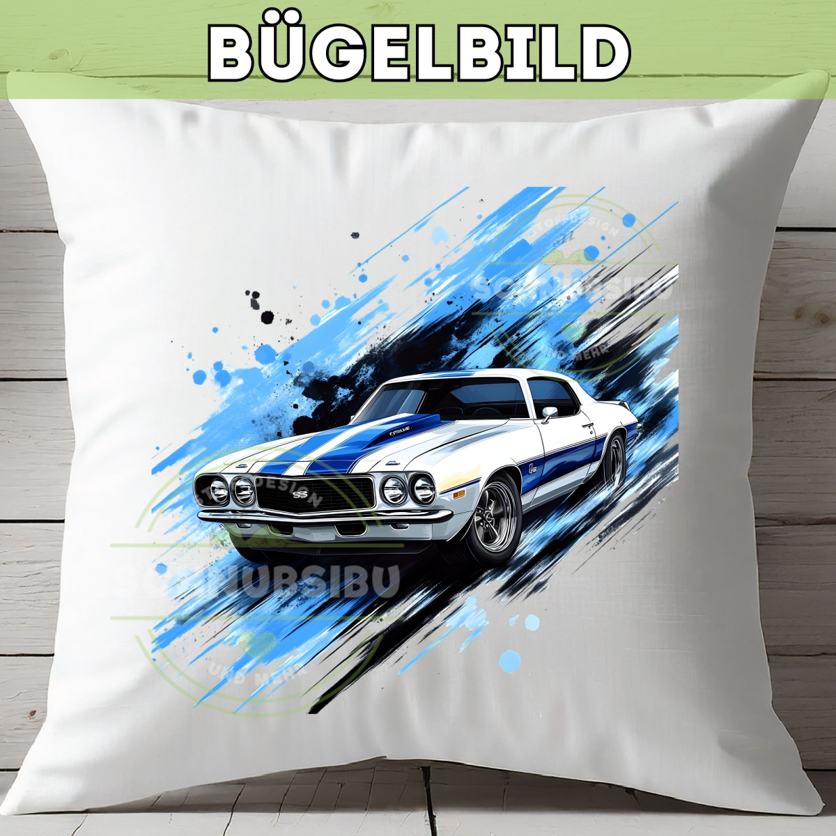 Bügelbild Rennauto blau